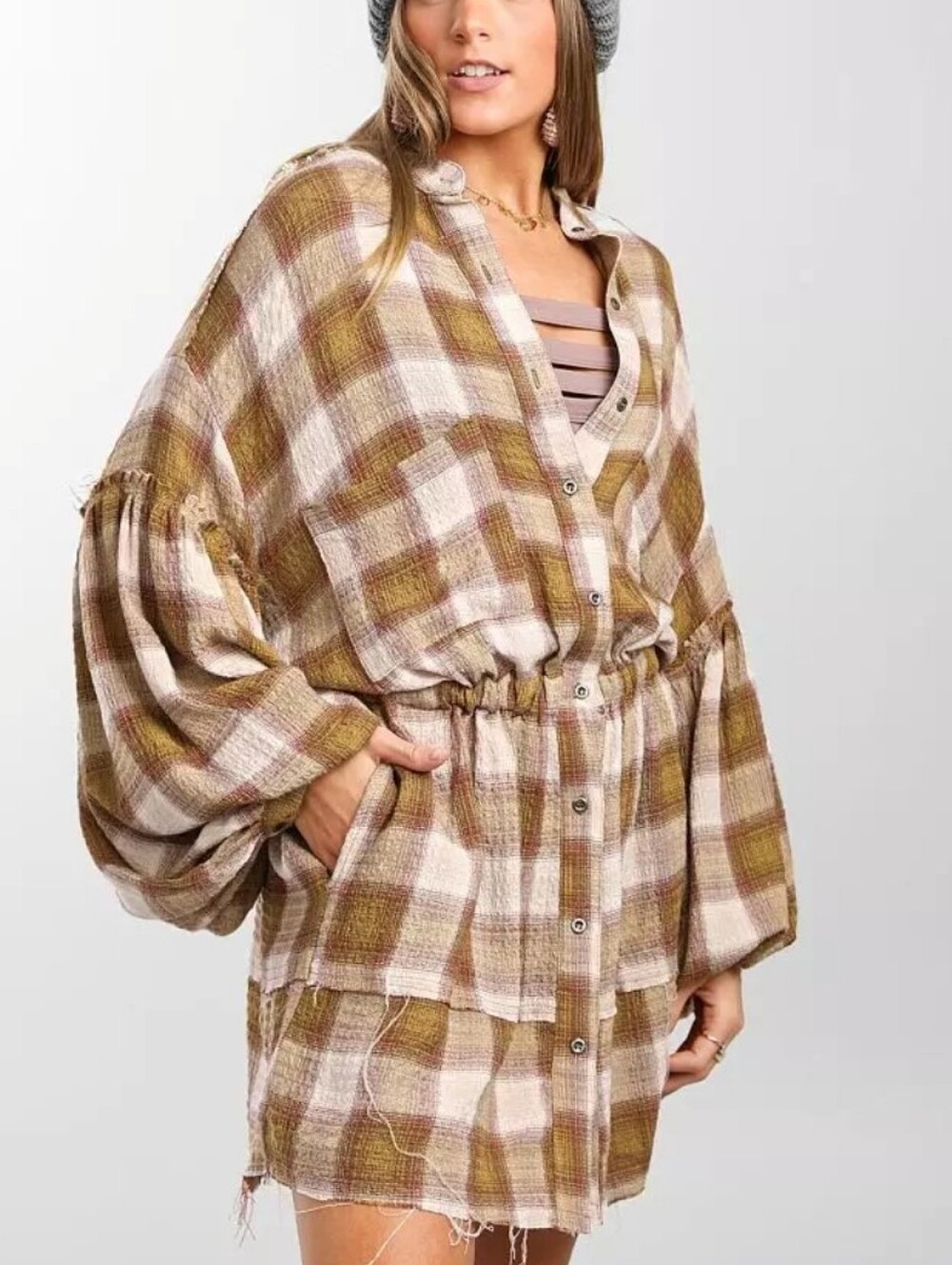 We The Free By The Way Plaid Button-Front Shirt Dress in Brown and Cream Size Md - Picture 2 of 16